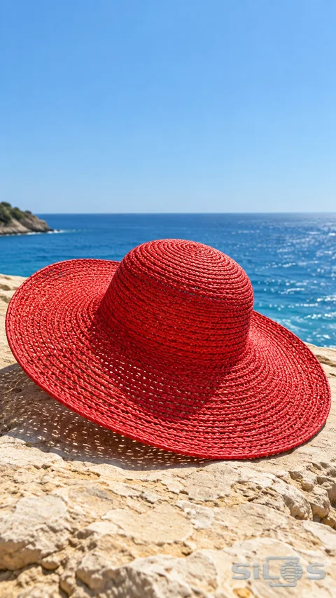 A wide-brimmed red woven hat rests on pale stone with blue sea and sky behind it.