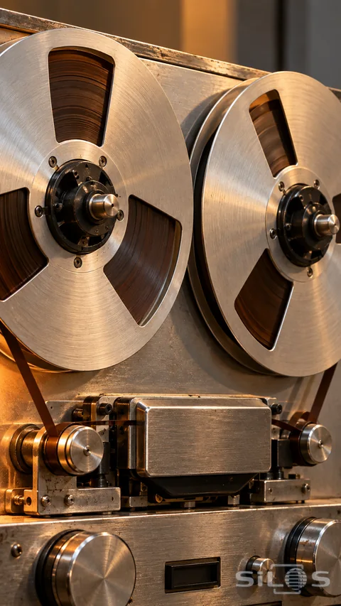 Brushed metal reels and brown magnetic tape catch amber light on a vintage recorder.