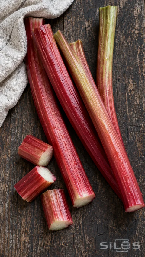 Red and green rhubarb stalks with pale cut ends rest on a dark wooden board beside linen.