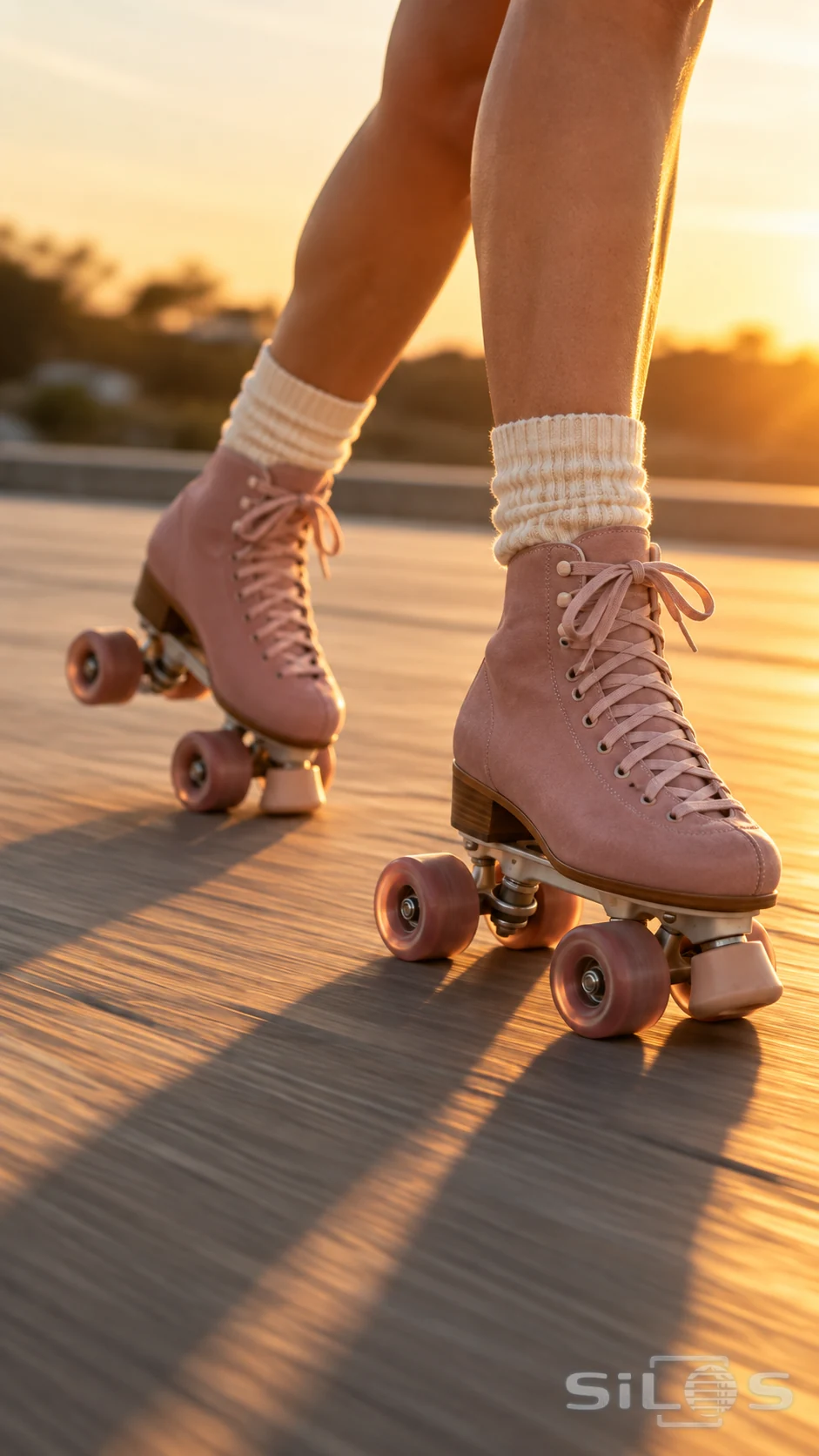 Dusty pink quad roller skates and cream socks move across pavement in warm low sunlight.