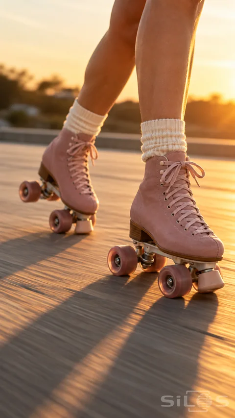Dusty pink quad roller skates and cream socks move across pavement in warm low sunlight.