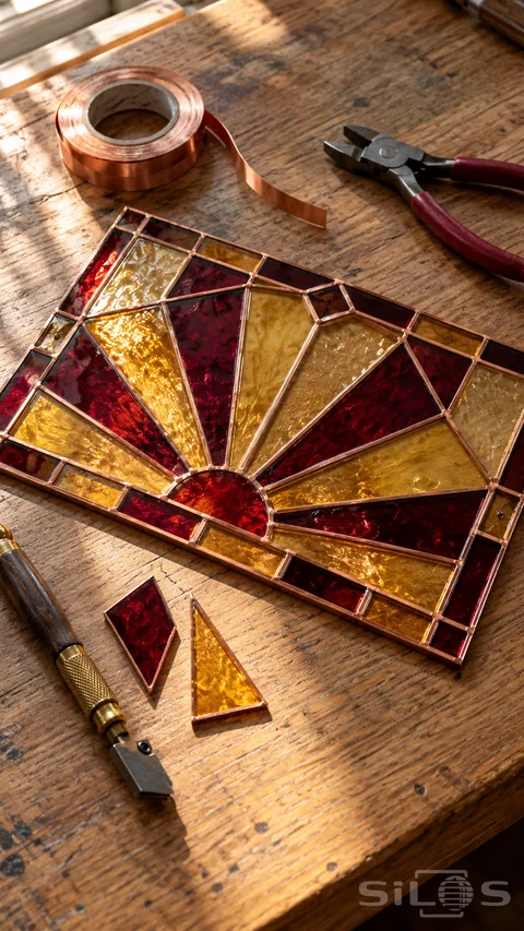 Ruby and amber stained glass in a geometric fan pattern lies beside copper foil and separate hand tools on an oak workbench.