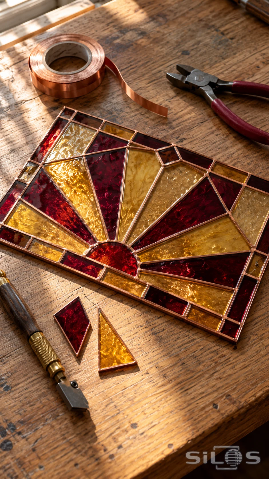 Ruby and amber stained glass in a geometric fan pattern lies beside copper foil and separate hand tools on an oak workbench.