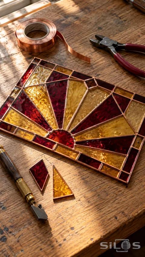 Ruby and amber stained glass in a geometric fan pattern lies beside copper foil and separate hand tools on an oak workbench.
