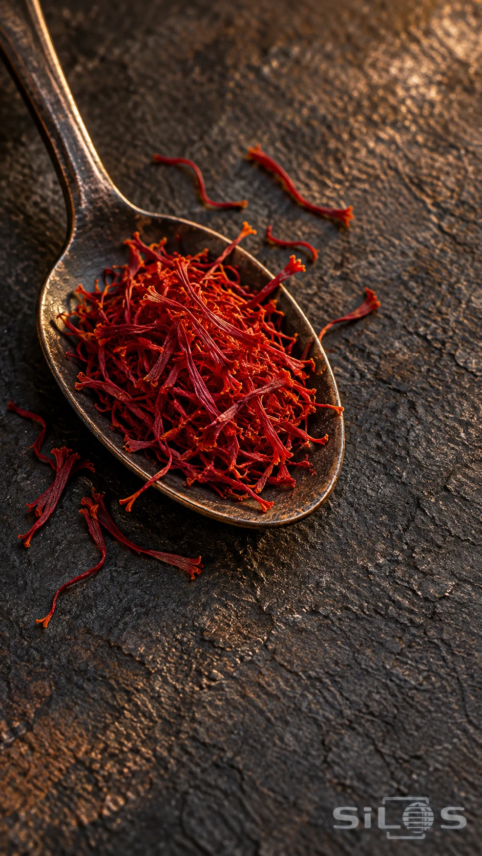 Dry crimson saffron threads in a dark metal spoon on textured charcoal stone under warm light