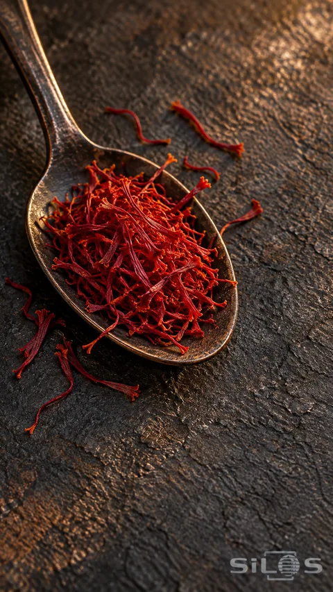 Dry crimson saffron threads in a dark metal spoon on textured charcoal stone under warm light