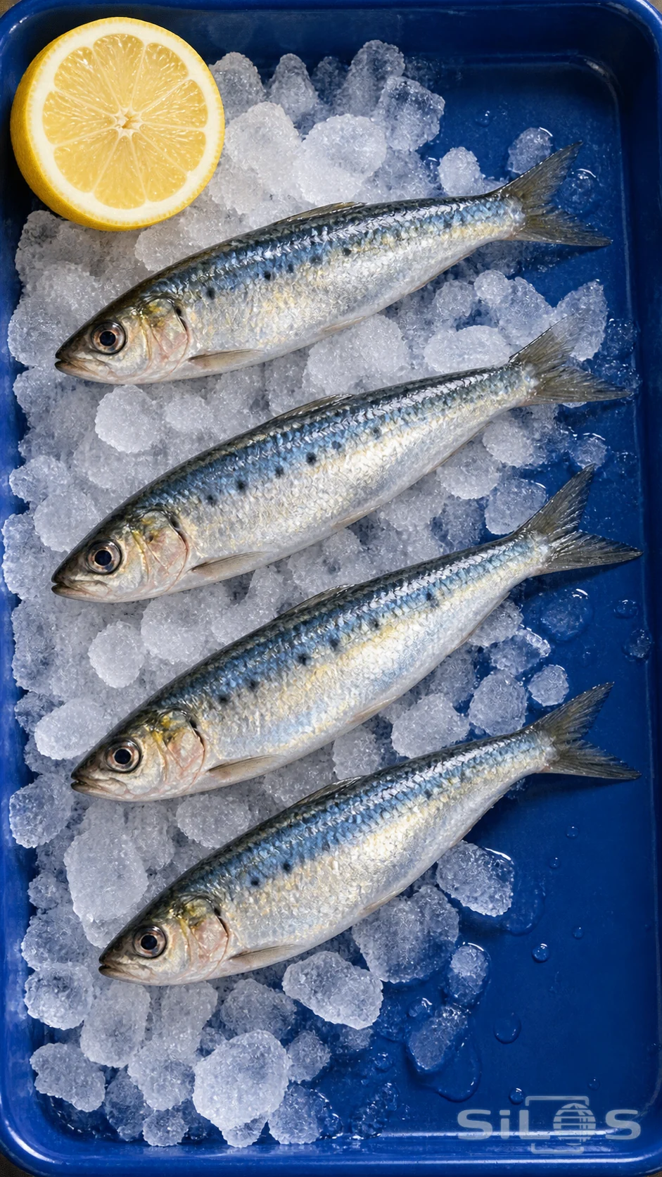 Four whole silver sardines on crushed ice in a cobalt-blue enamel tray with a lemon half
