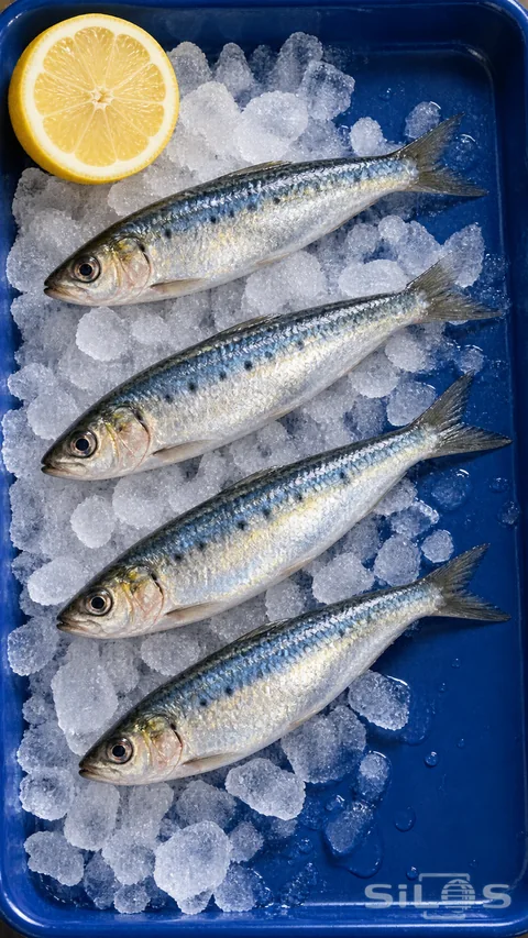 Four whole silver sardines on crushed ice in a cobalt-blue enamel tray with a lemon half