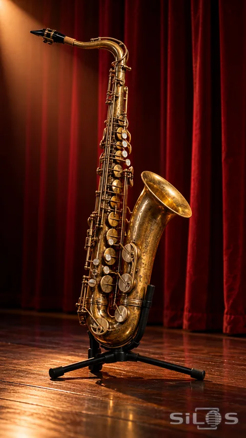 A brass saxophone in a black stand catches warm light in front of red velvet curtains.