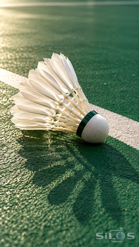 White feather badminton shuttlecock resting beside a white line on a sunlit green court