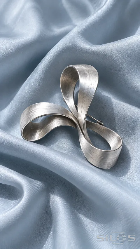 A three-loop brushed silver brooch rests on softly folded ice-blue silk.