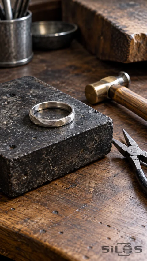A plain silver ring on a charcoal soldering block beside fine pliers and a small brass-faced hammer on a jeweler’s wooden workbench.