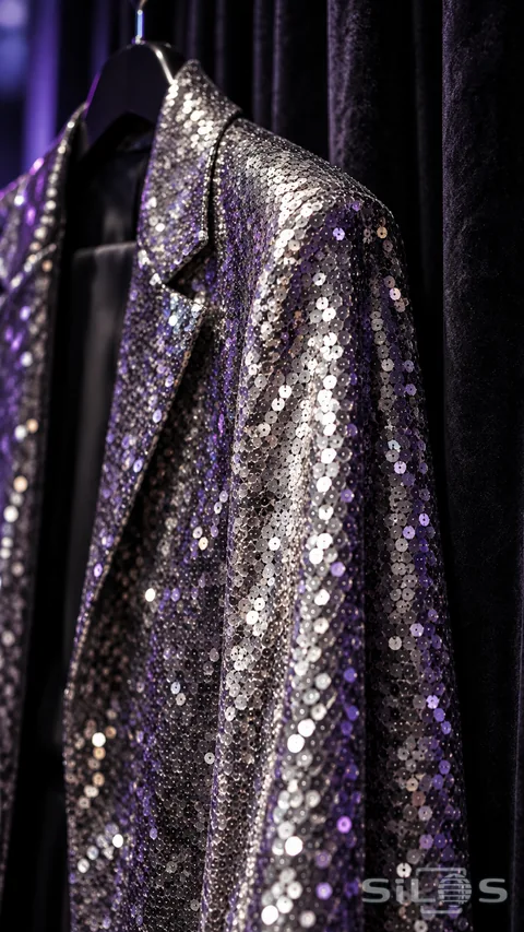 A silver sequin jacket hangs against a dark velvet curtain in violet and white light.