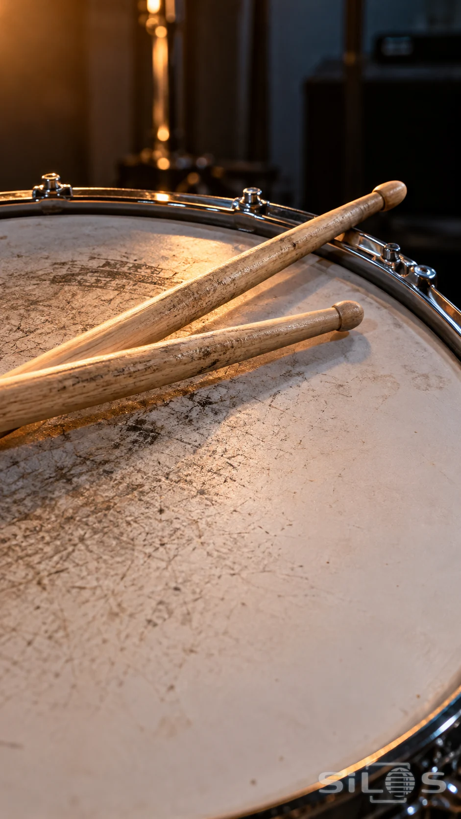 Two wooden drumsticks resting across a worn white snare drumhead with chrome rim hardware in warm amber light.