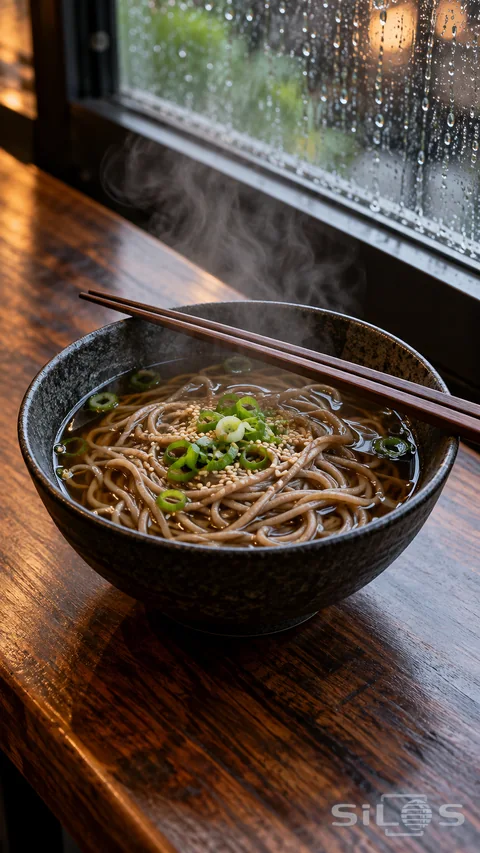 A dark ceramic bowl of soba noodles in broth is topped with scallion and sesame, with chopsticks across the rim.