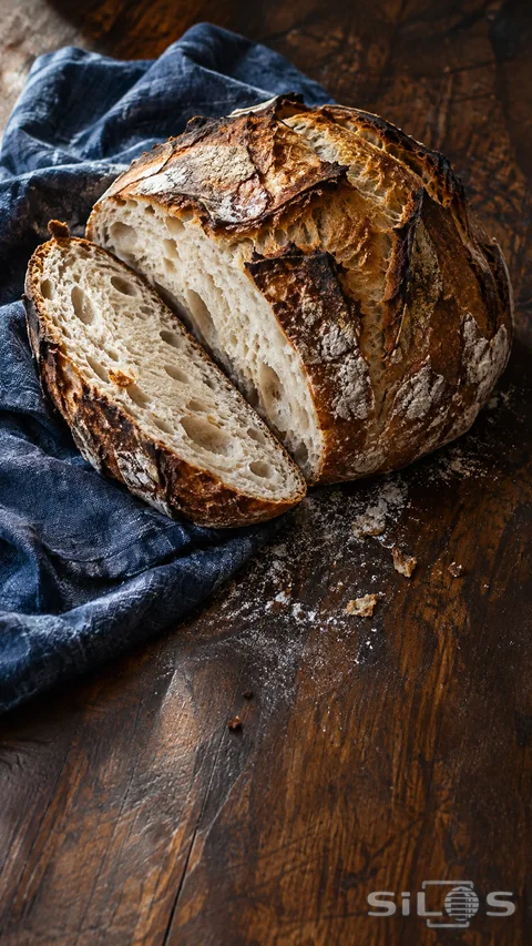 Crusty round sourdough loaf with one cut slice on indigo linen and a dark wooden table