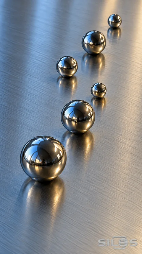 Six polished steel ball bearings arranged diagonally on brushed metal with blue and gold window reflections