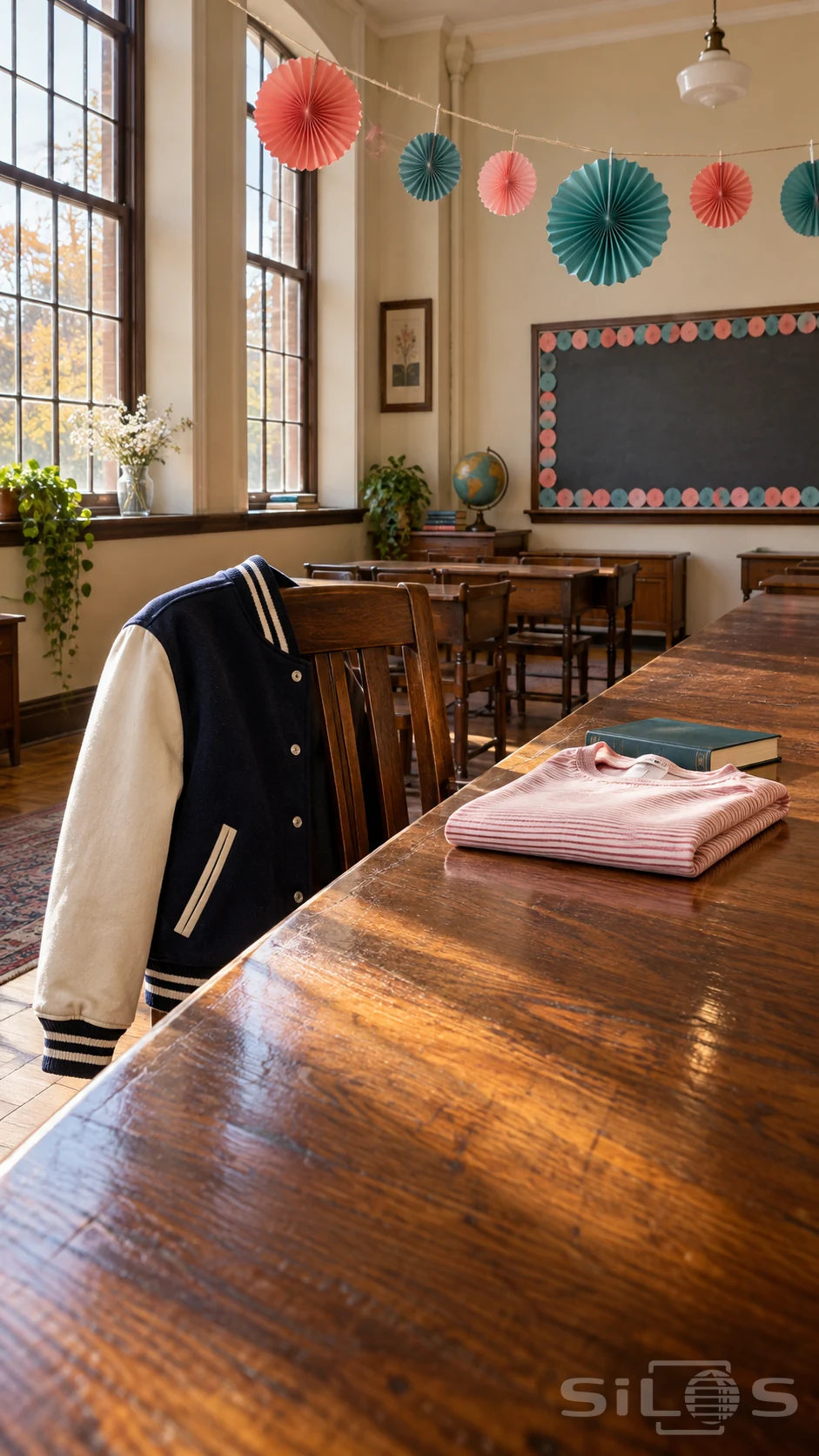 Coral and teal paper medallions above a warm wooden classroom desk, a navy-and-cream varsity jacket on its chair, and folded pink-striped fabric beside a closed book.
