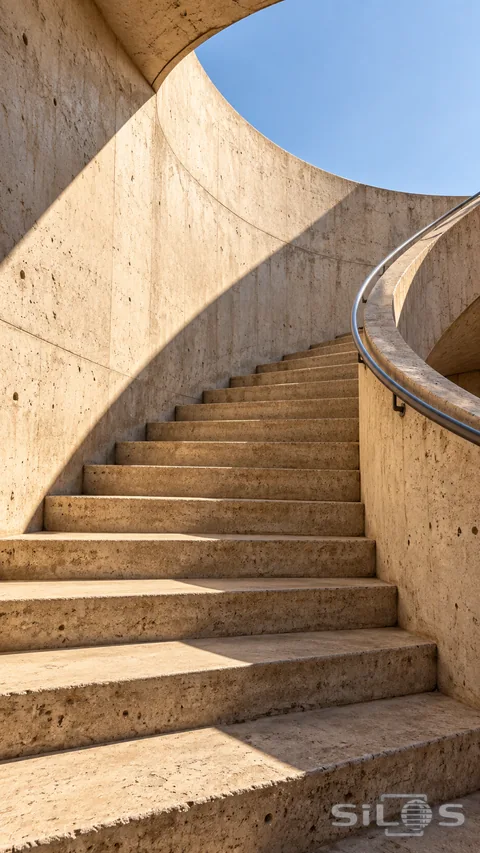 A curved concrete staircase rises toward blue sky through warm sun and shade.