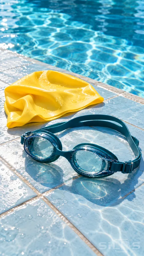 Teal swimming goggles and a yellow swim cap on wet blue tiles beside sparkling pool water