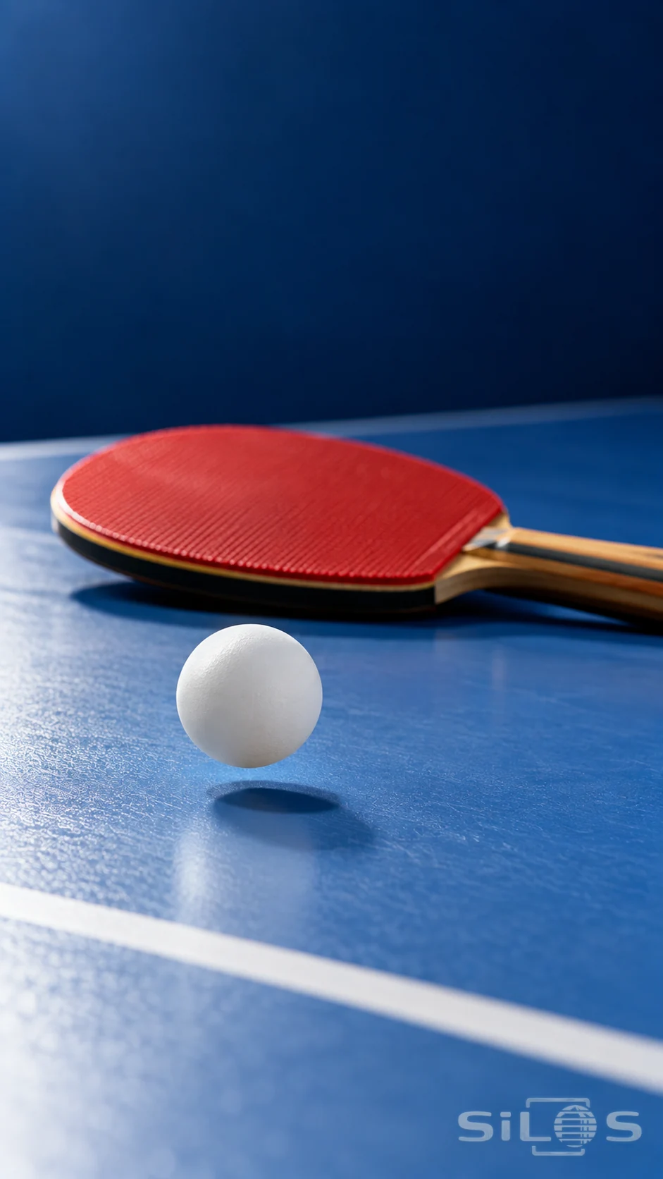 A white table-tennis ball is frozen above a blue table in front of a red rubber paddle.