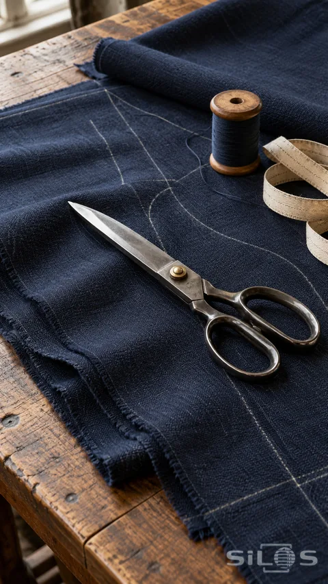 Steel tailoring shears rest on indigo cloth beside chalk seam lines and a wooden thread spool.