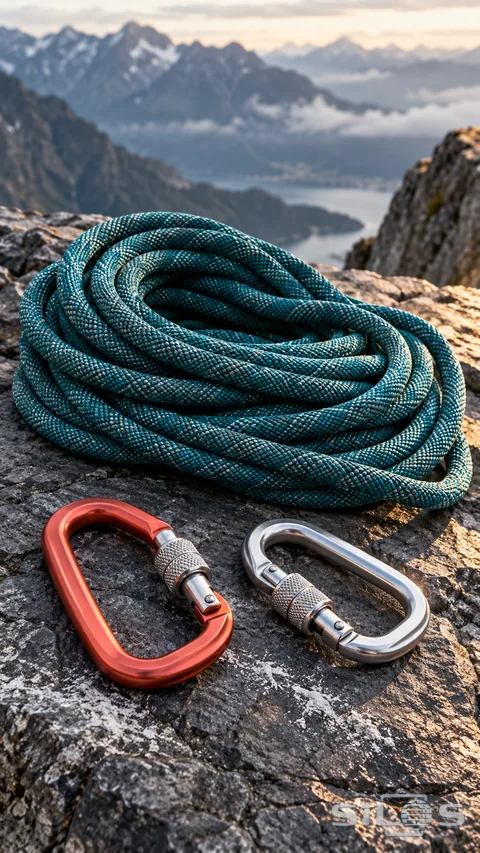 Teal climbing rope with coral-red and silver locking carabiners sits on rock before a blurred mountain lake.