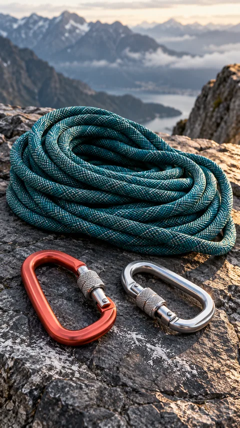 Teal climbing rope with coral-red and silver locking carabiners sits on rock before a blurred mountain lake.