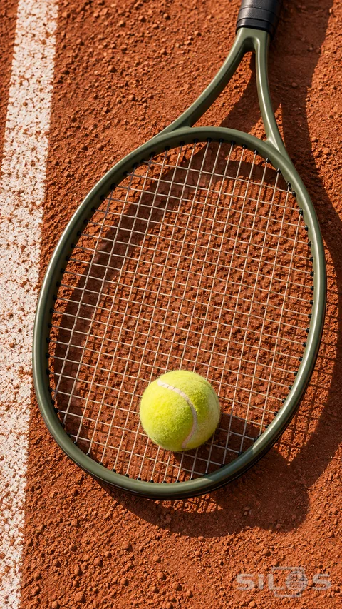 A yellow tennis ball sits on the strings of an olive tennis racket beside a white court line on red clay.