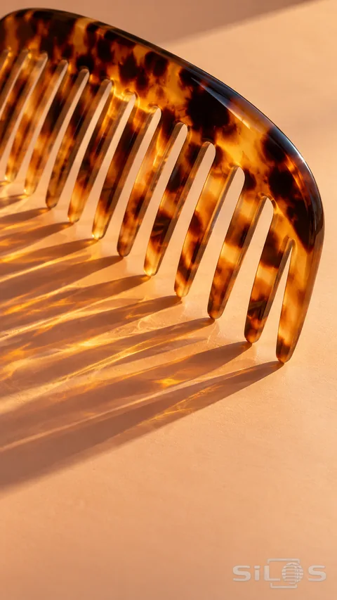 Wide-tooth amber comb with dark tortoiseshell mottling casting long translucent shadows on an apricot surface