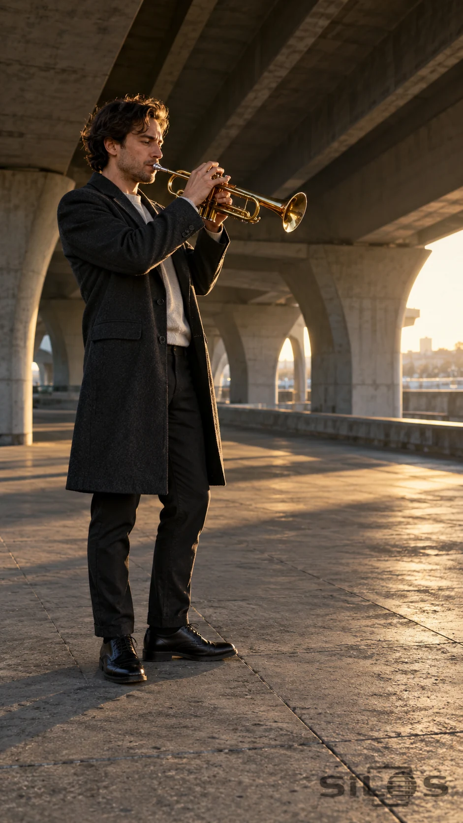 Adult trumpeter playing a brass trumpet beneath a concrete underpass in warm side light.