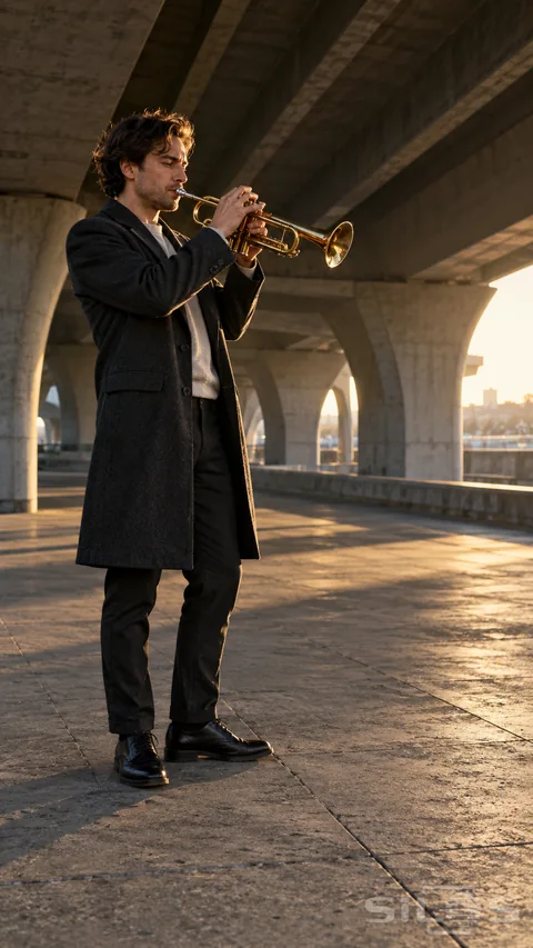 Adult trumpeter playing a brass trumpet beneath a concrete underpass in warm side light.