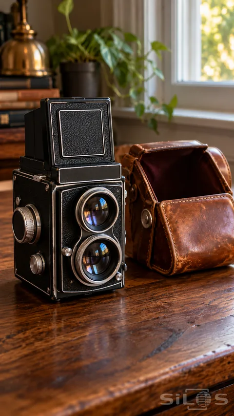 Black twin-lens camera with an open viewfinder hood beside a worn brown leather case on a sunlit wooden table