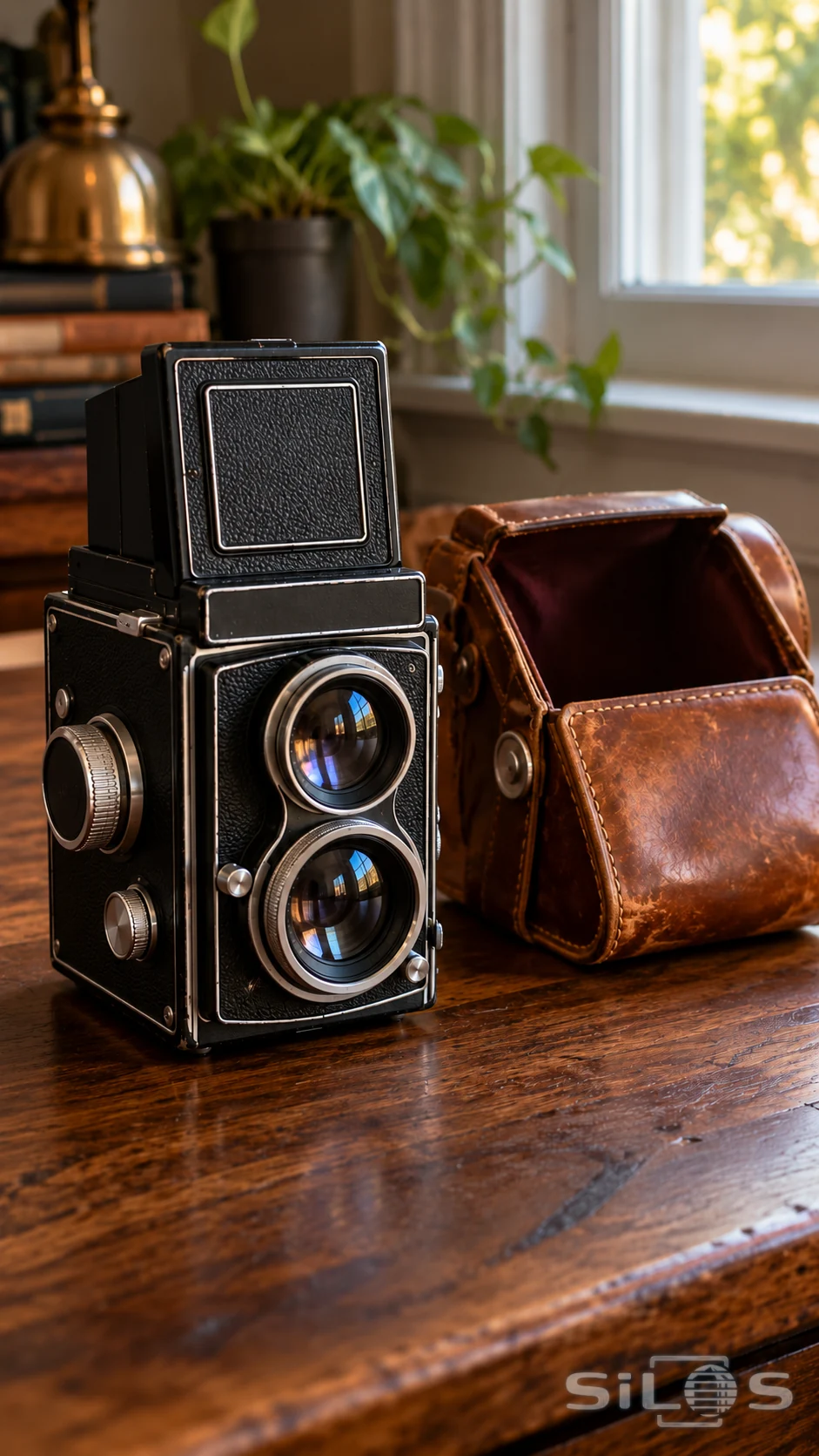 Black twin-lens camera with an open viewfinder hood beside a worn brown leather case on a sunlit wooden table