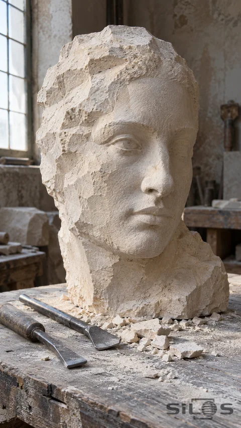 An unfinished pale stone head sculpture with rough chisel planes stands on a dusty wooden workbench beside two carving chisels.