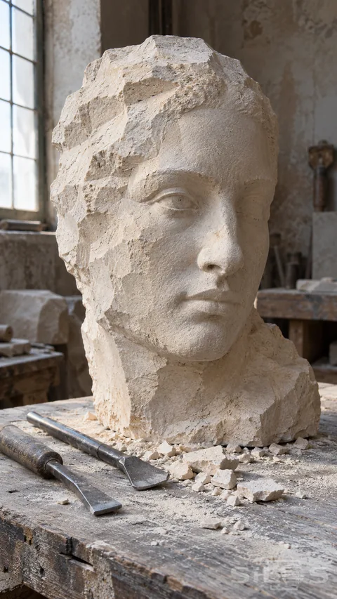 An unfinished pale stone head sculpture with rough chisel planes stands on a dusty wooden workbench beside two carving chisels.