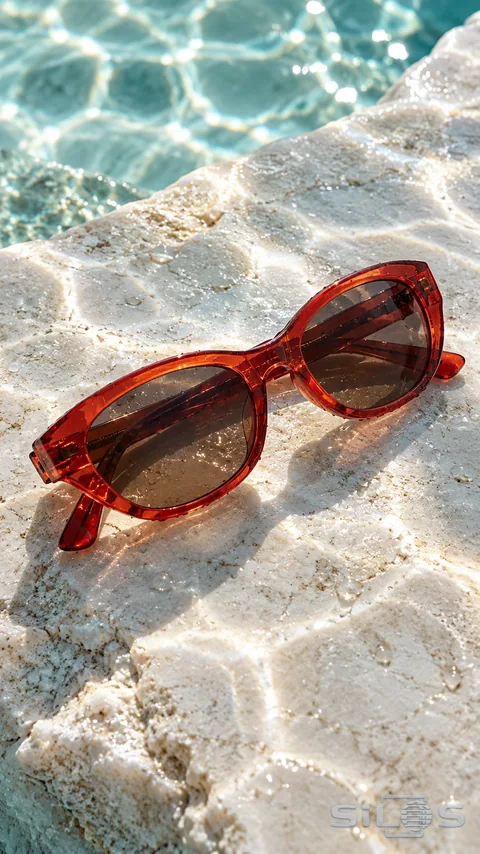 Vermilion acetate sunglasses with dark lenses lie on sunlit pale stone beside turquoise water.