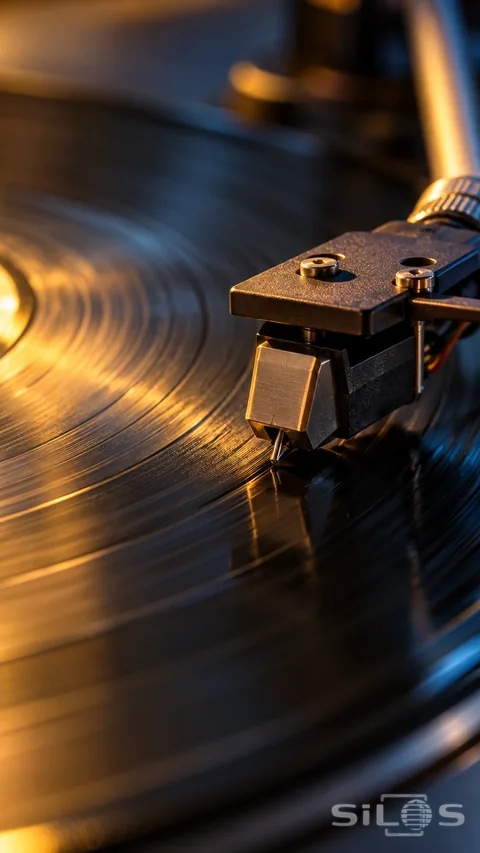 A turntable stylus meets black vinyl grooves under amber and blue light.