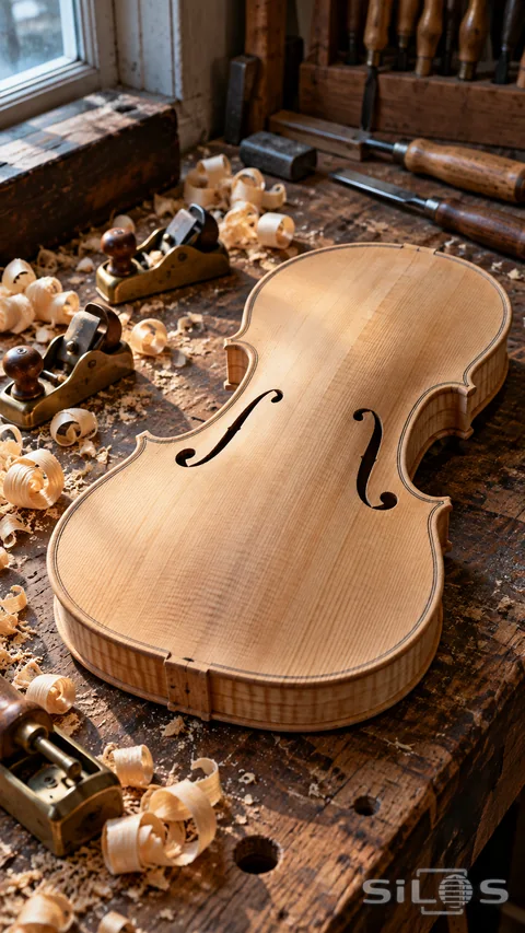 An unfinished violin body lies beside brass planes and wood shavings on a worn workbench.