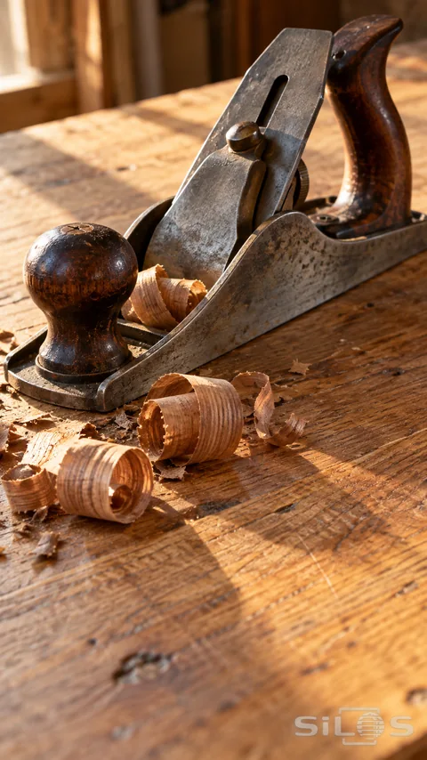 Vintage steel hand plane with dark wooden handles and curled brown wood shavings on a warmly lit workbench