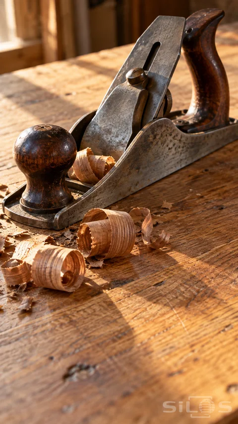 Vintage steel hand plane with dark wooden handles and curled brown wood shavings on a warmly lit workbench