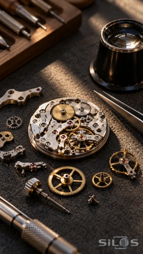 Brass watch gears, an open movement, steel tools and a black loupe rest in a shaft of warm light.