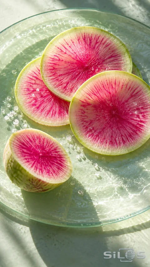 Three pink watermelon-radish slices and a cut radish half on a pale green glass plate with salt crystals