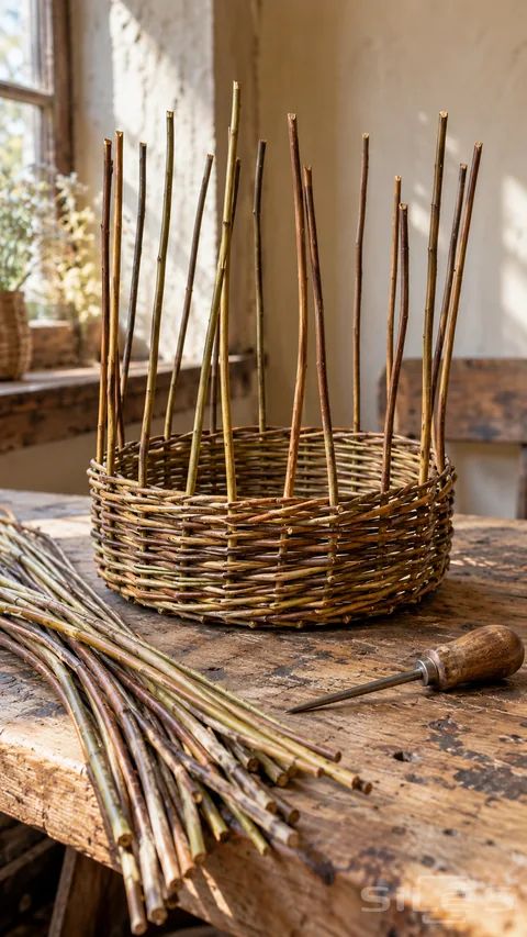 A partially woven willow basket with tall upright stakes on a wooden workbench beside willow rods and an awl.
