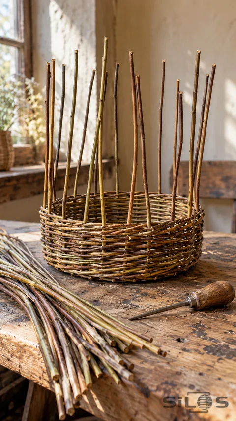 A partially woven willow basket with tall upright stakes on a wooden workbench beside willow rods and an awl.