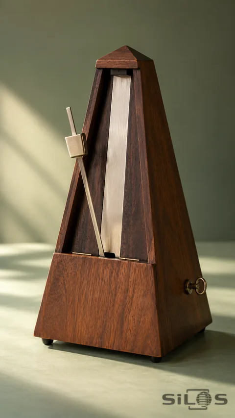 Walnut metronome with a brass pendulum and winding key on a pale green table.