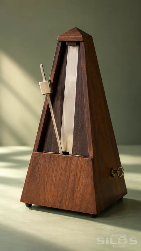 Walnut metronome with a brass pendulum and winding key on a pale green table.