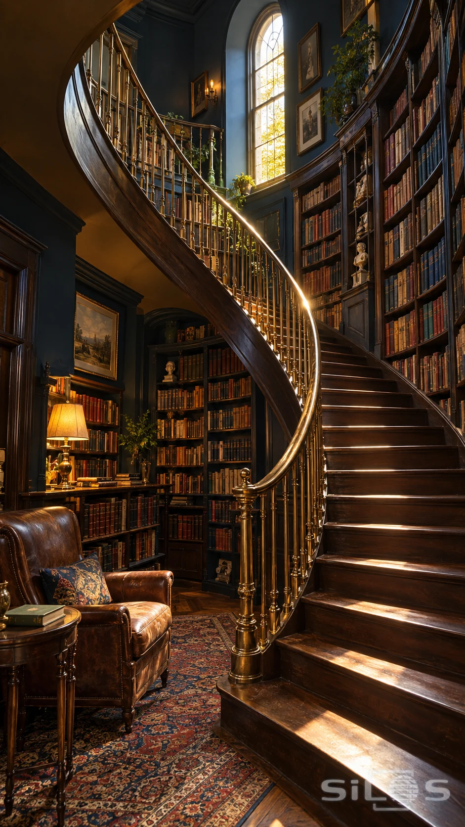 A sweeping walnut staircase with polished brass rails rises between tall bookshelves and ink-blue walls. Afternoon light from an arched window reaches a worn leather chair and patterned rug below.