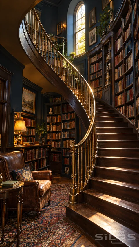 A sweeping walnut staircase with polished brass rails rises between tall bookshelves and ink-blue walls. Afternoon light from an arched window reaches a worn leather chair and patterned rug below.