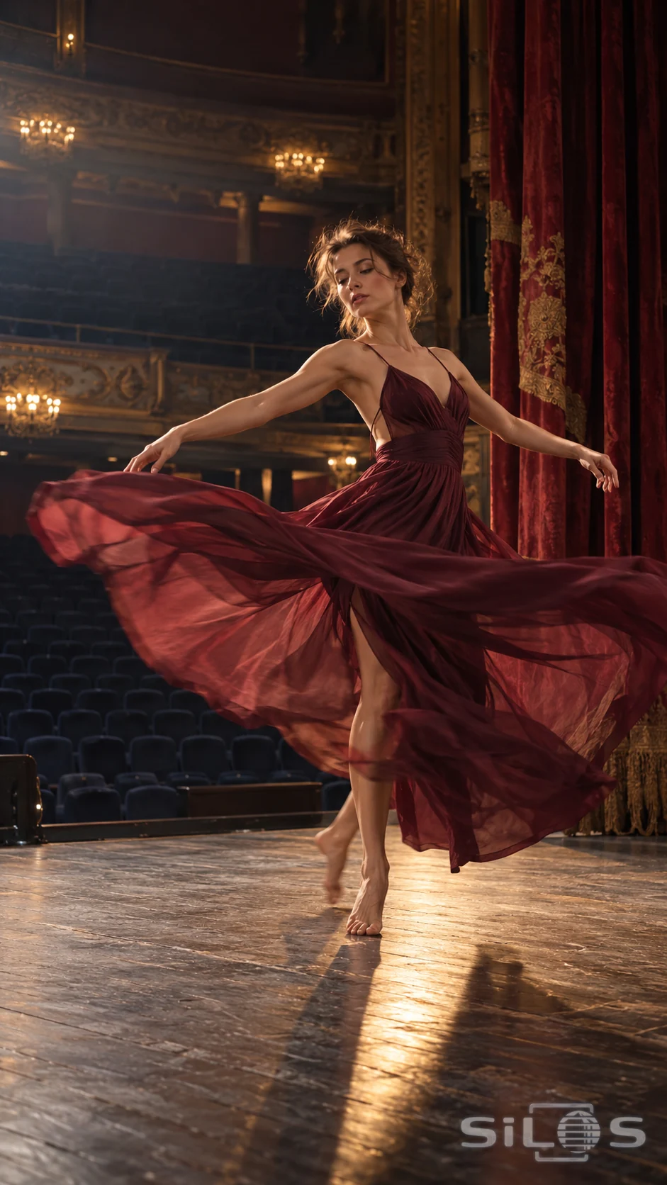 An adult contemporary dancer turns across a worn wooden stage in a flowing burgundy dress. Warm theater lights, gilded balconies, and red velvet curtains frame the movement above empty rows of seats.